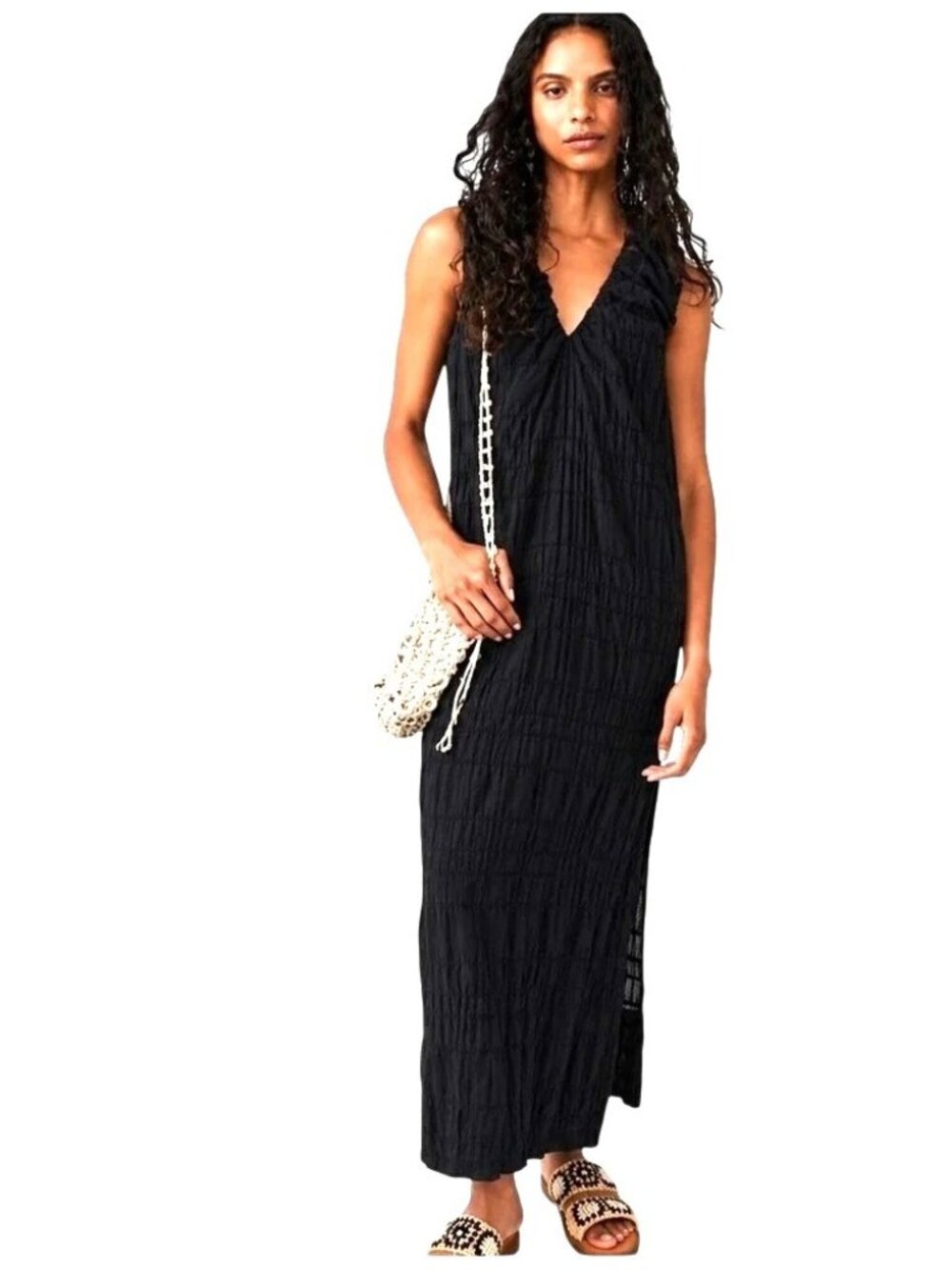 Free People Black Crinkled Cotton Sleeveless Dress With Deep V-Neck & Tie-Back S